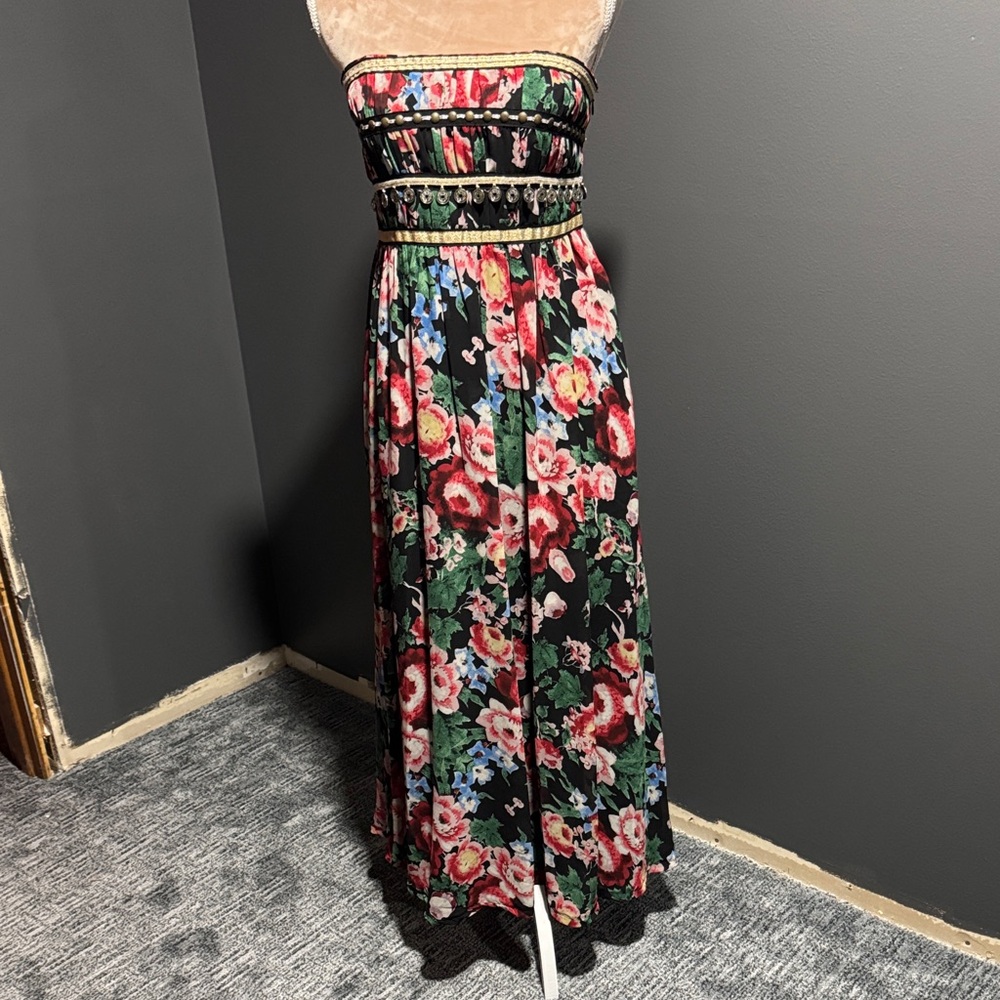 Marchesa Black and Red Floral Strapless Dress